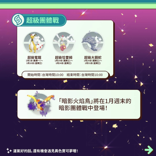 《PokemonGO》公開1月活動情報！三云神特別招靈獸形態(tài)輪番上陣、洗翠火爆獸團戰(zhàn)日即將開打